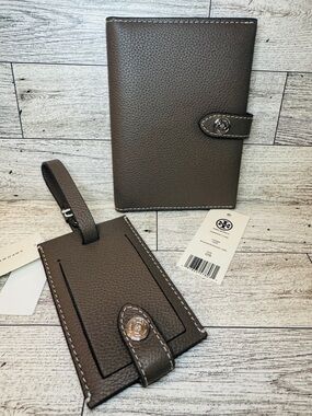 Tory Burch Wild Mushroom Pebbled Leather Passport Cover & Luggage Tag Set